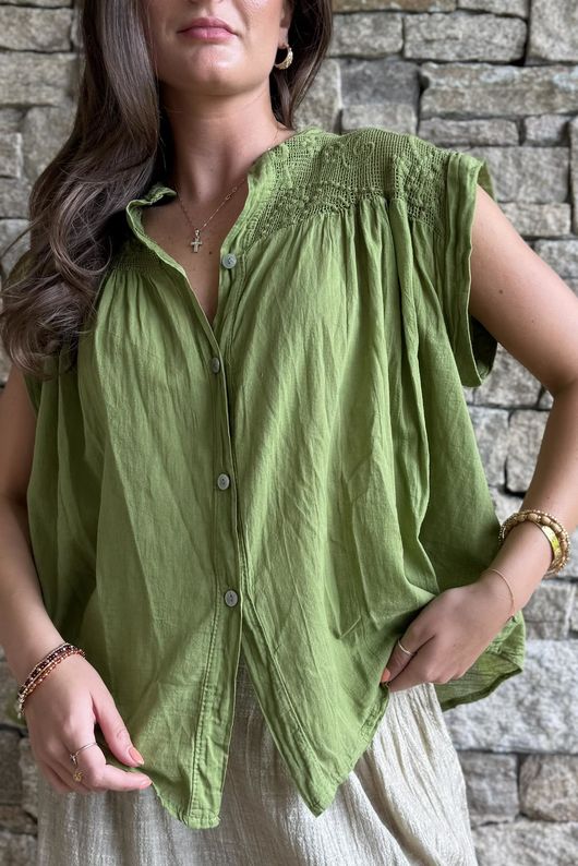 Elsie Pure Cotton Cap Sleeve Blouse Olive